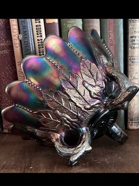 Sapphire Blue Northwood Carnival Glass Leaf & Beads w/ Sunflower Interior